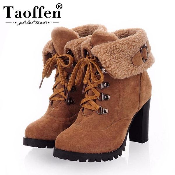 

boots taoffen arrival women ankle fashion buckle high heel winter shoes warm fur lady office footwear size 32-43, Black