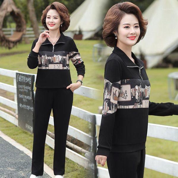 

mother spring and autumn casual suit 50 years old western style women's long sleeve sportswear two piece pants1, Gray