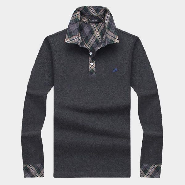 

men's polos lapel long sleeve t-shirt solid color loose size business leisure bottom coat middle age plaid collar w, White;black