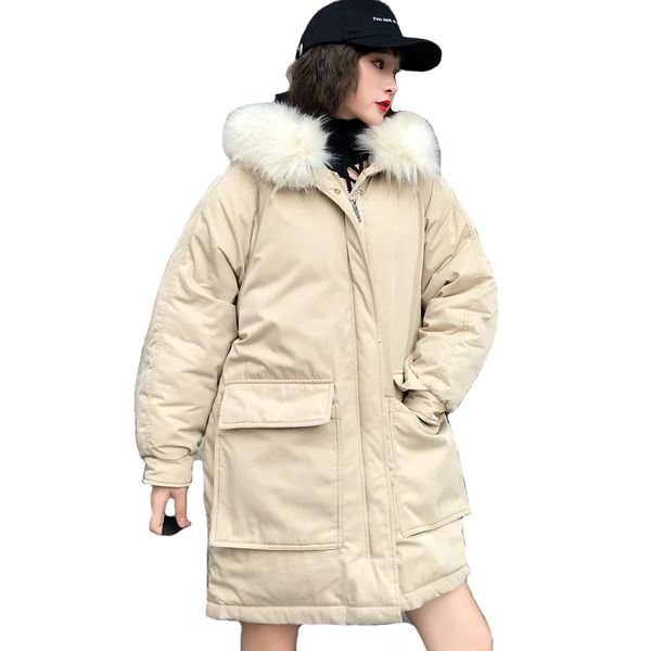 

korean style 2021 women winter jacket oversize loose with fur collar hooded womens down coat long padded parka mujer invierno, Black