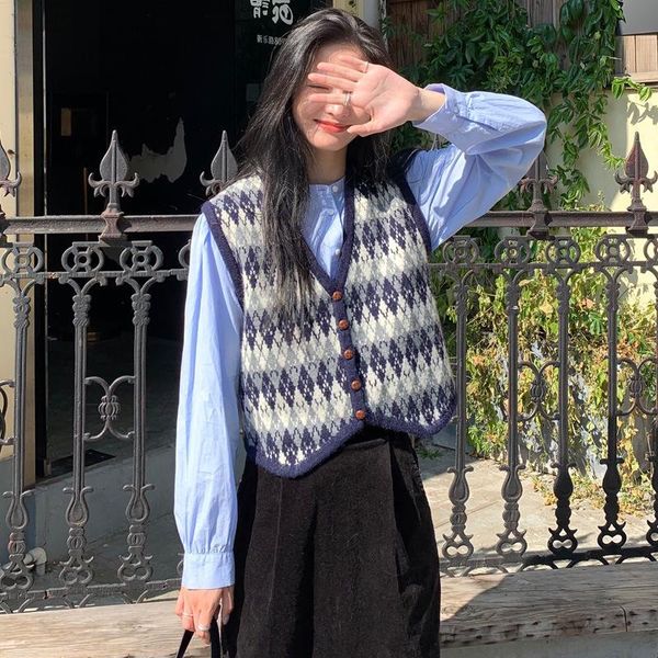 

vintage lattice vest western style loose sleeveless sweater v neck knitted cardigan simplicity casual waistcoat autumn, Black;white