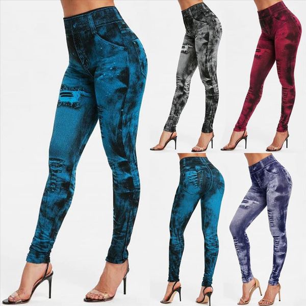 

women leggings imitation jeans high waist pants fitness elastic slim leggins mujer 2021 sport casual leggins female push up, Black