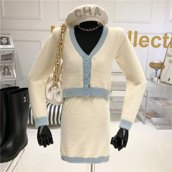 

two piece suit woman autumn/winter 2020 new long sleeve single breasted knit cardigan+ hip wrap high waist mini skirt, Gray