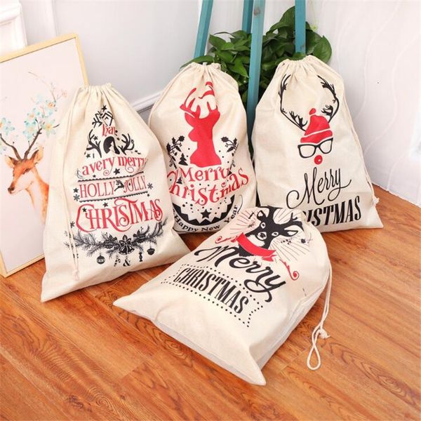 

v47ysack cotton gift with reindeer claus environmental protection bundle mouth canvas moose christmas bag