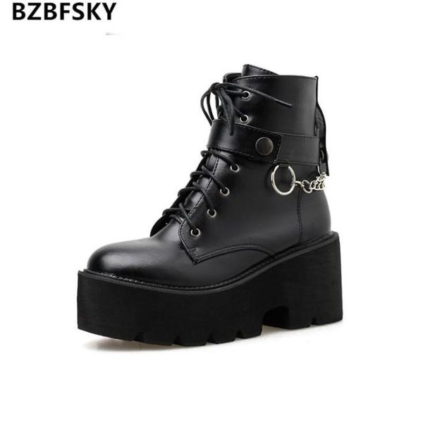 

2021 new boots chain women leather autumn boots block gothic black punk style platform shoes female footwear woman
