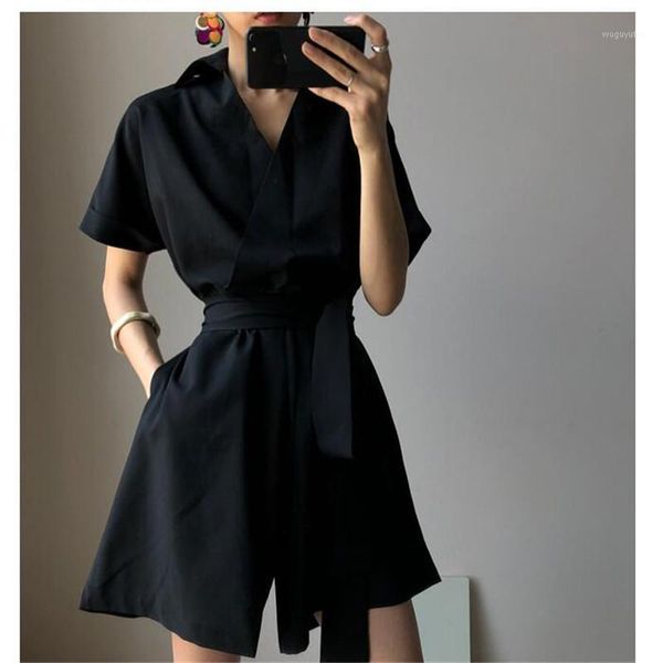 

women black casual jumpsuits short sleeve playsuits loose pants turn down collar rompers1, Black;white