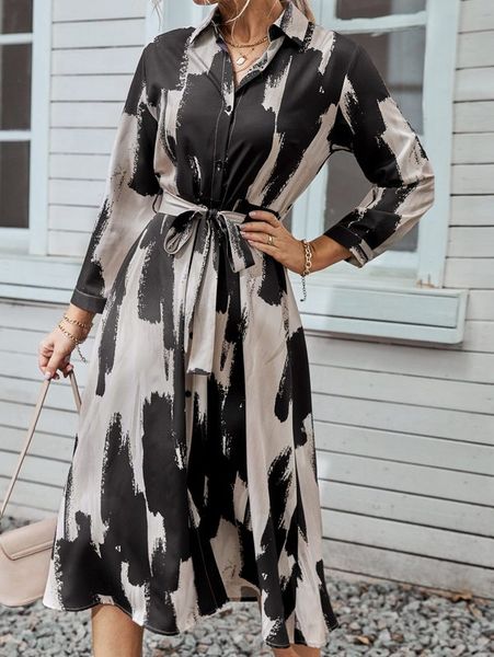 

brush print belted shirt dress she, Black;gray