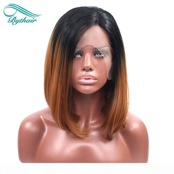 

bythair natural hairline glueless heat resistant fiber hair wigs for women ombre brown bob wigs synthetic lace front wigs, Black