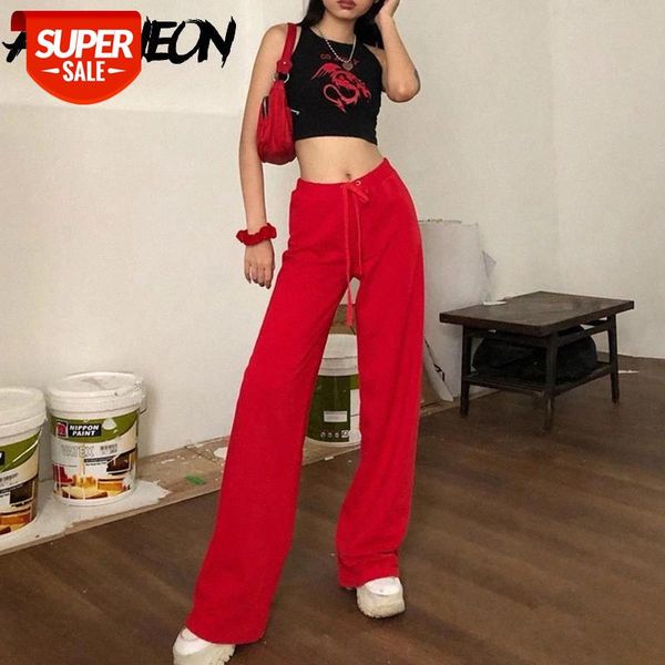

allneon harajuku vintage high waist red velvet pants y2k streetwear letter embroidery bandage wide-leg trousers punk outfits #sd8a, Black;white