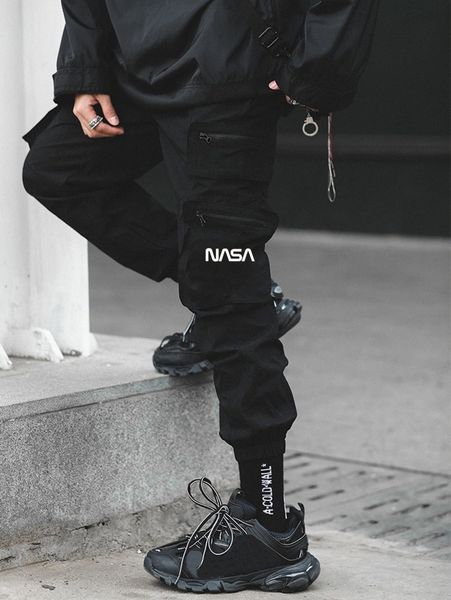 

men letter graphic zip pocket cargo pants k3h8#, Black