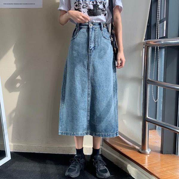 

старинные летние длинные джинсы юбки женские высокие талии сплит карманы джинсовые юбки плюс размер корейской дамы юбка jupe femme, Black
