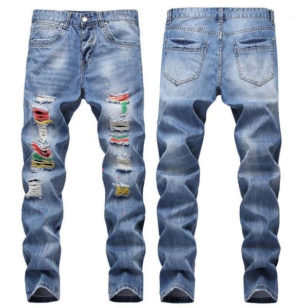 

trendy men's color contrast small straight jeans with holes scratched and hand painted and painted men's trousers1, Blue