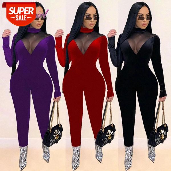 

women autumn sheer mesh patchwork velvet night club party jumpsuit mock neck long sleeve bodycon romper outfit street overalls #y42k, Black;white