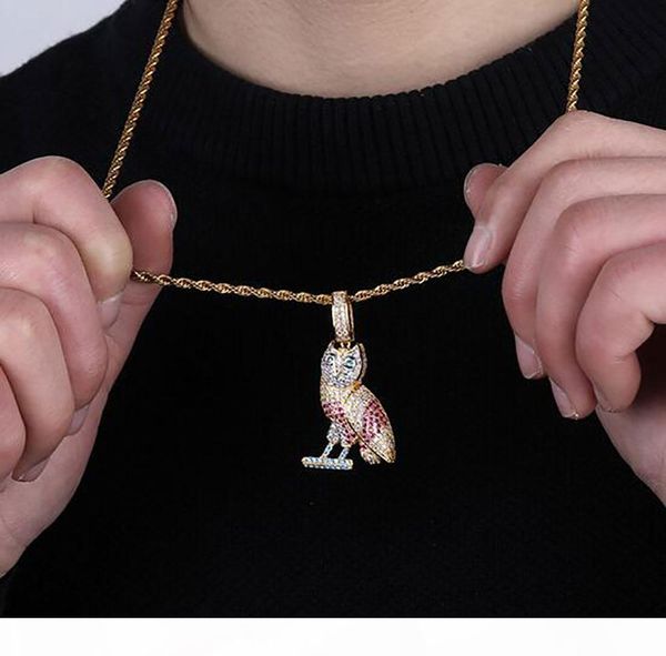 

14k iced out diamond ovodrake owl animal pendant necklace bling bling micro pave cubic zirconia simulated diamonds 24inch rope chain, Silver