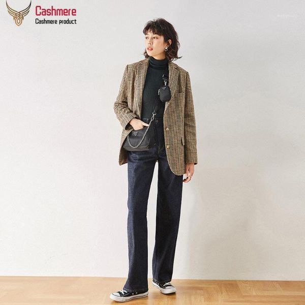 

women's jacket sheep's wool jacket female houndstooth suit female 2020 autumn new retro suit camel color coat1, White;black