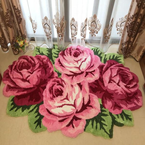 

carpets pink roses floral shaped 3d pattern 1.5cm thickness towel feeling polyester fiber floor mat , decoration flower small area rug