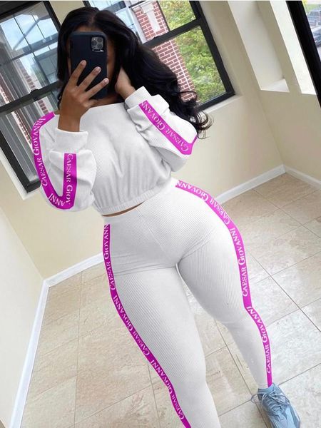 

ribbed knitted white pink 2 two piece set women outfits bodycon long sleeve crop leggings women tracksuit matching set, Gray