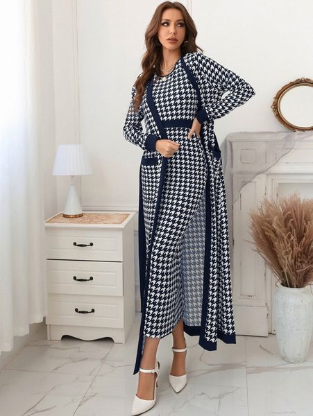 

houndstooth slit back bodycon dress & patched pocket belted coat c2tq#, White