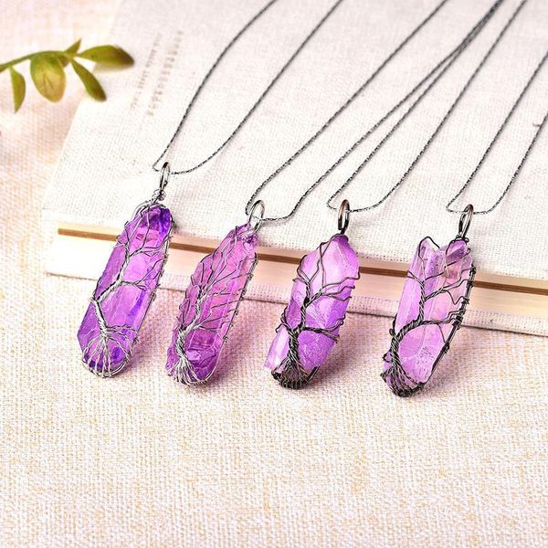 

1pc fashion natural amethyst tree of life pendant for men women necklace jewelry gift reiki healing stone crystal point jllese, Black