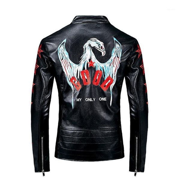 

aboorun mens eagle embroidery leather jacket slim fit short motorcycle biker pu leather jacket fashion outwear male r25891, Black