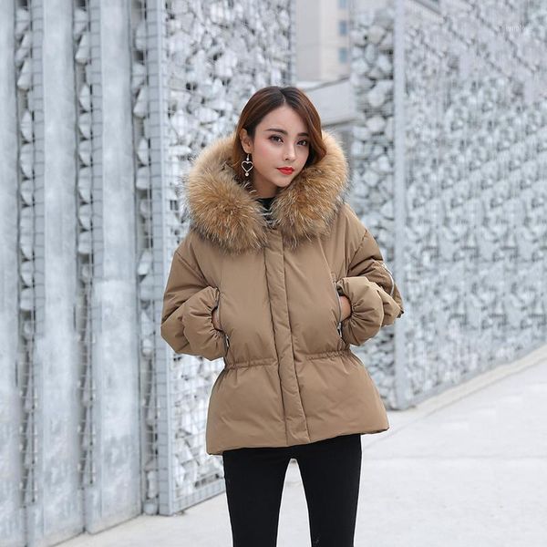 

2020 womenwnter large ur colar down jaket ms loose white duck down racon hair hooded parker coat slim warm ms jacke1, Black