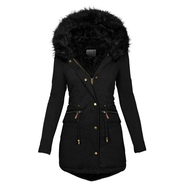 

women casual thicker winter slim down lammy jacket coat overcoat ladies medium long big hair collar thickened cotton suit #t2g, Black