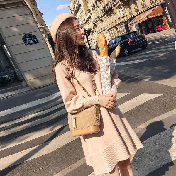 

2021 new autumn solid color elegant thick nightgown gown women's knitted or crocheted loose short feminine chic dress in m2vh, Black;gray