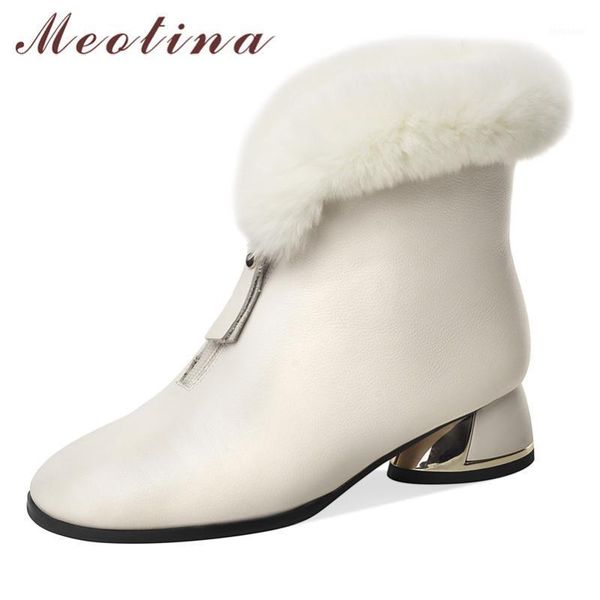 

boots meotina real leather natural wool fur short women mid heel snow warm shoes zip thick heels ankle beige 34-411, Black