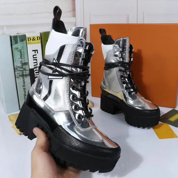 

silver high platform military boots feminino lace up womens leather fall combat boot size 41, Black