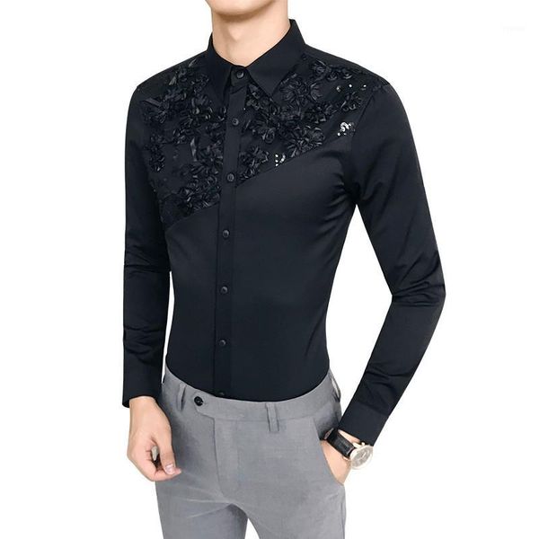 

camisa masculina brand new korean slim fit tuxedo men shirt long sleeve lace patchwork casual dress shirts mens all match blouse1, White;black