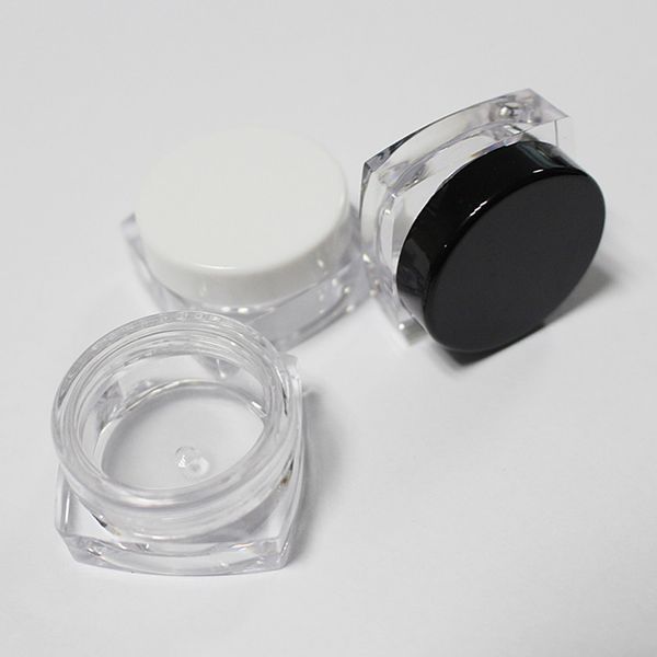 Luxuriöse transparente 3G 5G-Kosmetikdosen aus Kunststoff mit quadratischem Boden und schwarzem/weißem Deckel, individuelles Logo, leerer Make-up-Glasbehälter für loses Puder