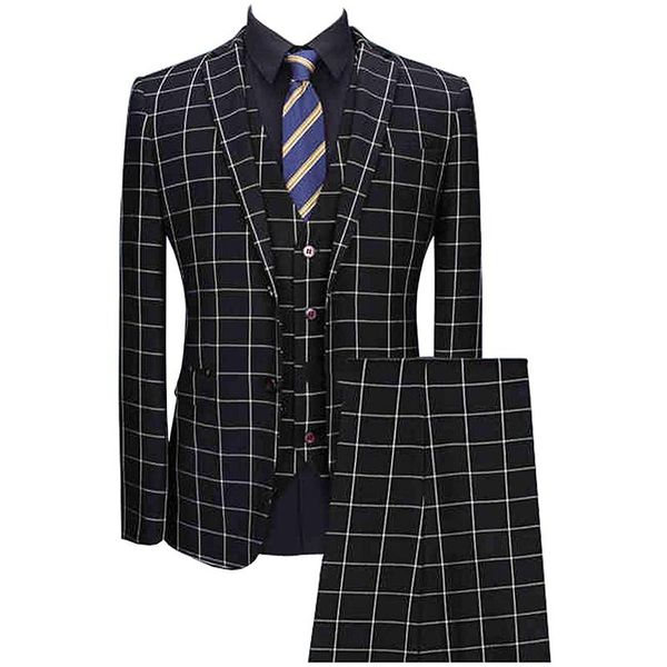 

mens slim fit suits classic plaid tuxedo blazer formal groom wedding 3 pieces jacket vest and pants sets costume homme mariage, White;black