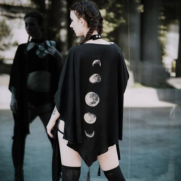 

spring black capes coat vintage moon print gothic loose women batwing duplex shawl long sleeve cape female outerwear, Tan;black