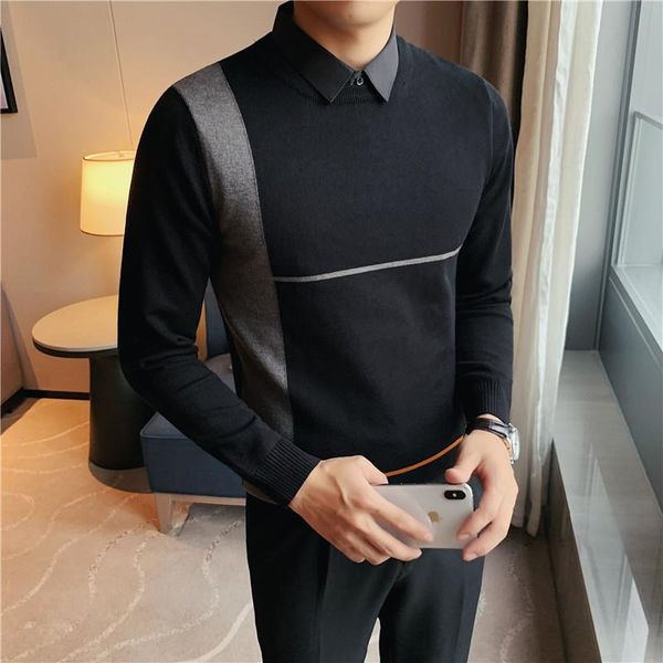 

men's sweaters british style fake-2pieces business men casual long sleeve simple slim fit knitted pullovers plus size pull homme 4xl, White;black