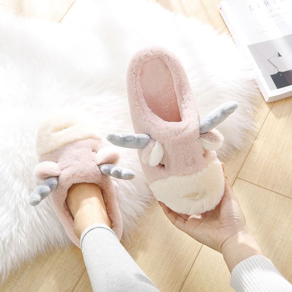 

christmas couple winter thick plush cute cotton slippers female warm cartoon elk non-slip indoor waterproof bottom men and women y1202, Black