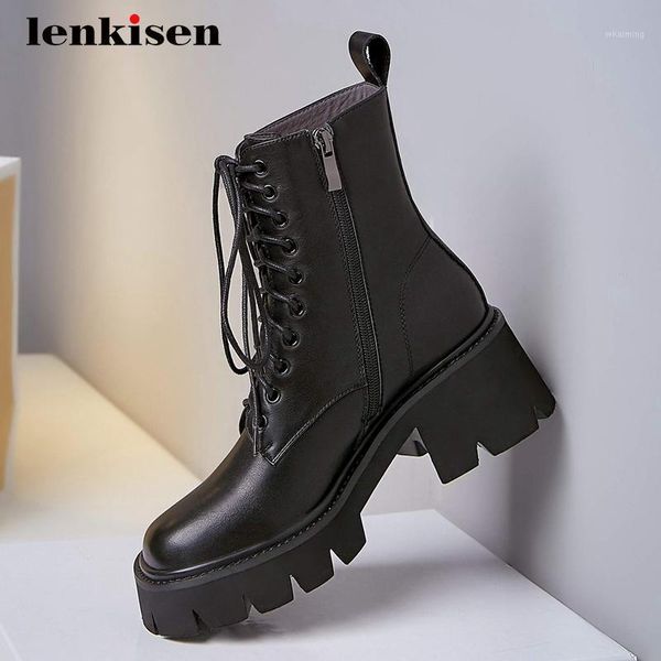 

boots lenkisen 2021 motorcycle real cow leather all-match round toe thick high heel zipper young girls ankle l7f11, Black
