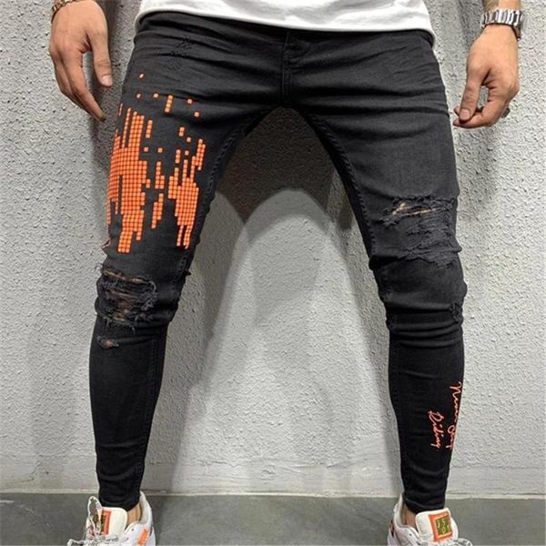

mens new streetwear elastic ripped skinny black jeans slim fit denim pants elastic male harem fashion style trousers, Blue