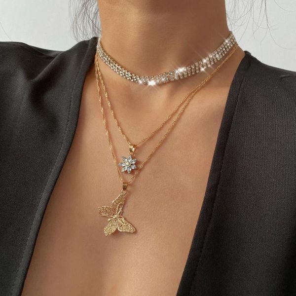 

multilayer chain necklace full rhinestone butterfly pendant woman necklace choker zircon flower golden butterfly party, Silver