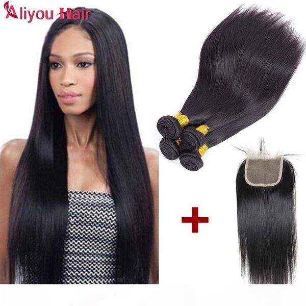 

aliyou malaysian straight virgin hair bundles with closure wholesale 100% unprocessed human hair extensions 4pc with 4x4 lace weaves closure, Black;brown