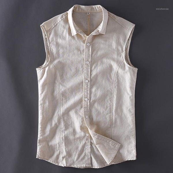 

linen shirts men' fashion summer new solid color cotton linen sleeveless shirt men turn-down collar dress shirt male1, White;black