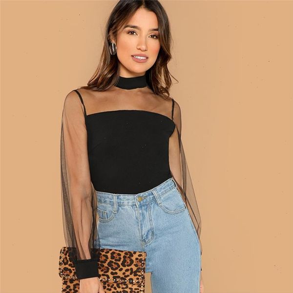 

black office lady solid sheer mesh yoke stand collar long sleeve blouse autumn workwear fashion women and blouses, White