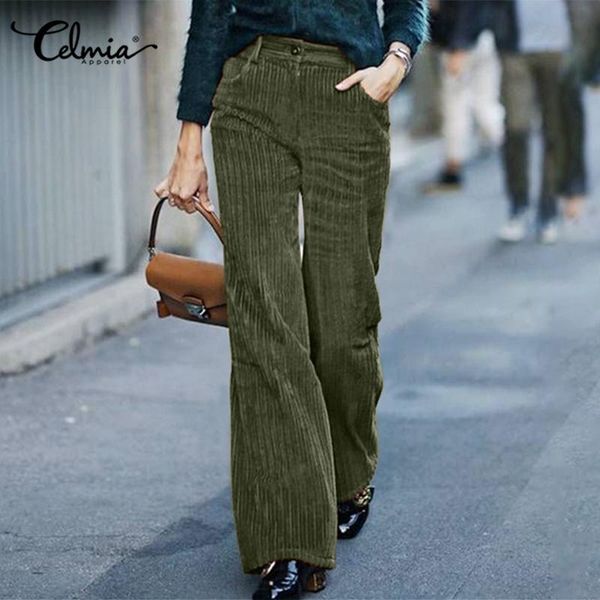 

women's pants & capris 5xl celmia office lady corduroy women 2021 winter vintage high waist trousers casual loose solid wide leg pantal, Black;white