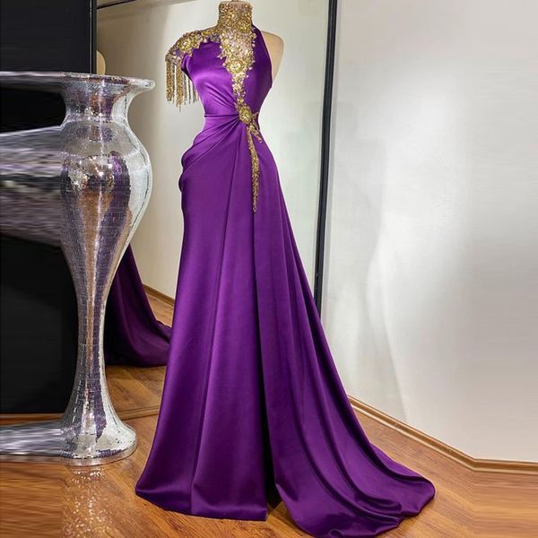 

purple mermaid prom dress with gold appliques lace sequins tassels satin evening gowns arab dubai vestidos de fiesta, Black