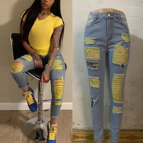 

women fashion ripped jeans yellow scratch denim pencil pants high waist stretch skinny pants 20201, Blue