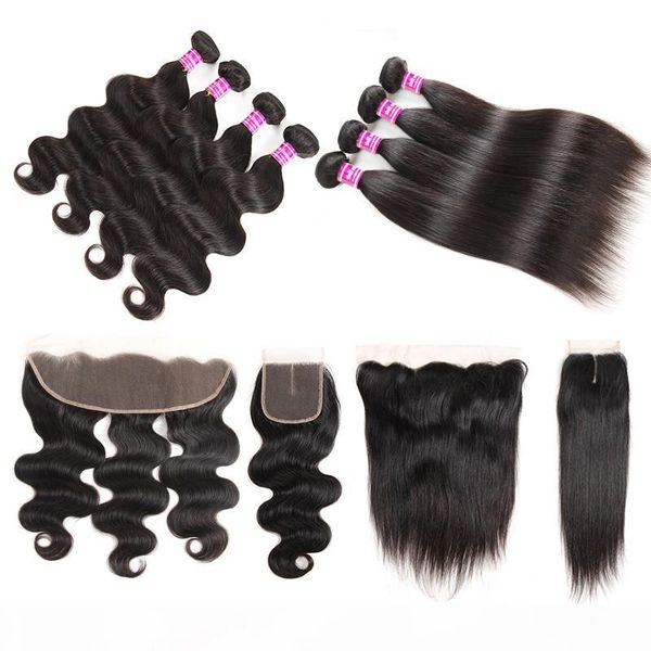

brazilian virgin hair wefts straight weave bundles with frontal accessories remy hair bundles with closure body wave hair extensions, Black
