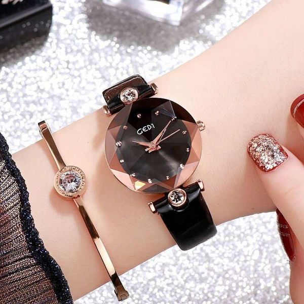 

korean gedi student new watch women's version simple leisure fashion trend black belt personalized diamond watch dzec, Slivery;brown