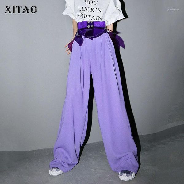

xitao spring new purple thin elastic waist chiffon mop wide leg pants fashion loose wild trend women pants streetwear xj44491, Black;white