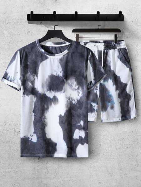 

men random tie dye tee & drawstring waist shorts n2tx#, Gray