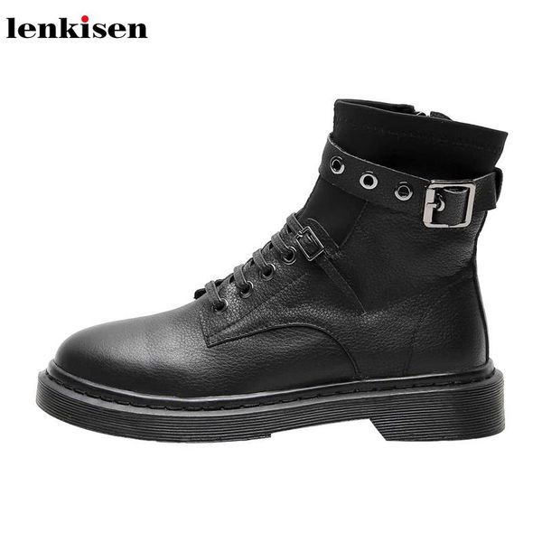 

boots lenkisen genuine leather med heels round toe british fashion motorcycles rivets buckle straps winter keep warm ankle l11, Black