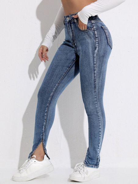 

high waisted slit hem skinny jeans 45ss#, Blue